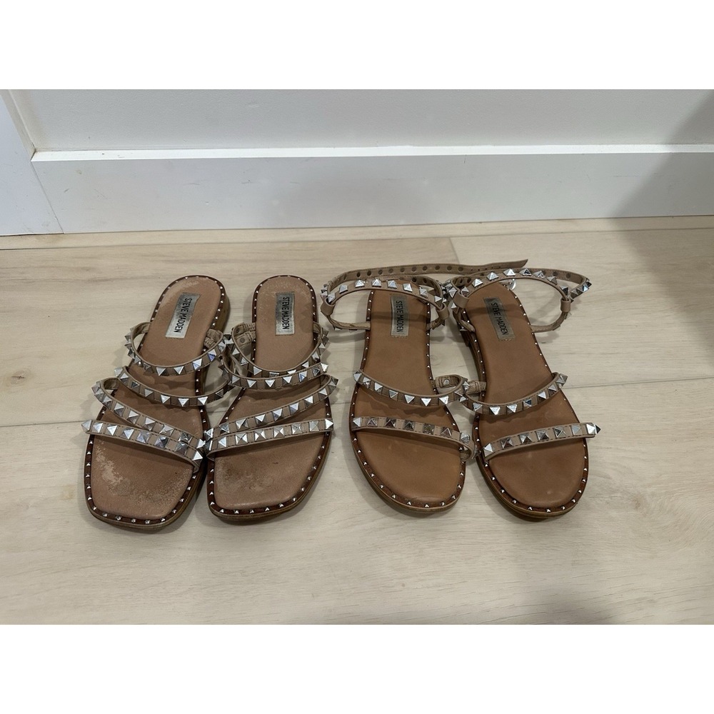 Steve Madden Women's Travel Flat Sandals Tan Studded Size 7.5 SET OF TWO PAIRS
